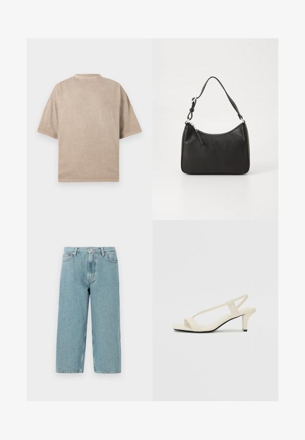 Übergroßes beiges T-Shirt mit Rundhalsausschnitt, kurzen Ärmeln und strukturierter Oberfläche. Einfaches Design ohne Muster oder Akzente.; Hellblaue Denim-Shorts mit hoher Taille, geradem Schnitt und rohem Saum. Verfügt über einen klassischen Knopf- und Reißverschluss sowie vier Taschen.; Beige Blockabsatzsandalen mit dünnen Riemen und quadrater Spitze. Glattes Material mit minimalem Design, entworfen für einfaches Tragen.; Schwarze Lederhandtasche mit geschwungener Form, einem einzigen Tragegurt, Reißverschlussverschluss und dezentem Branding auf der Vorderseite. Glatte Textur, minimalistisches Design.