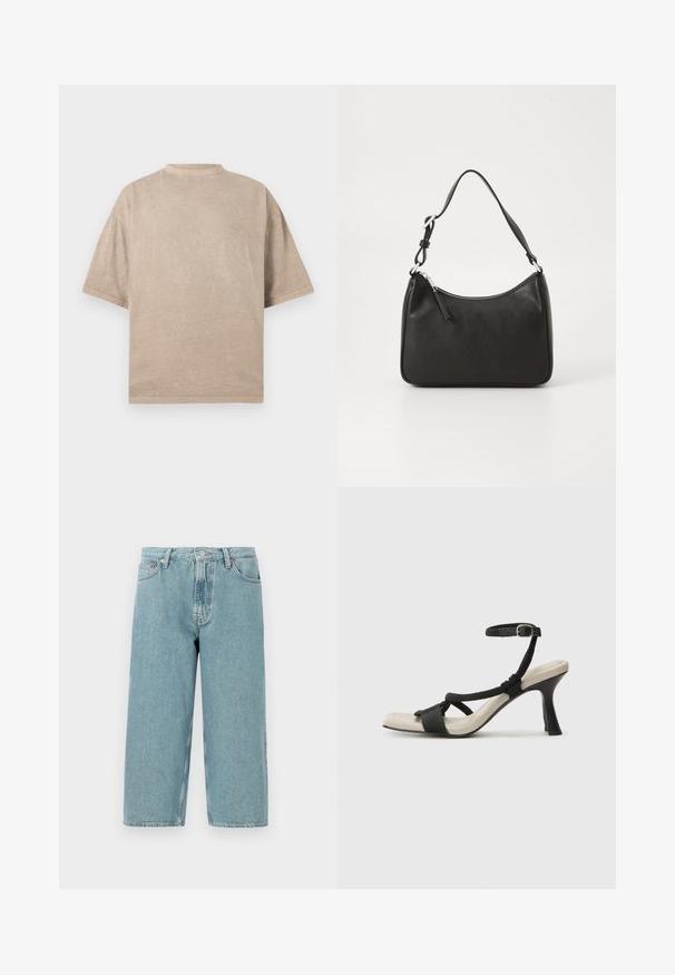 T-shirt beige oversize con colletto tondo, maniche corte e finitura testurizzata. Design semplice senza motivi o accenti.; Shorts in denim azzurro chiaro con vita alta, taglio dritto e orlo grezzo. Presentano una chiusura classica con bottone e zip, quattro tasche.; Sandal con tacco nero e design con cinturino intrecciato, punta quadrata e cinturino alla caviglia regolabile. Soletta beige chiaro con tacco nero lucido.; Borsa a tracolla in pelle nera con forma curva, una tracolla singola, chiusura con zip e marchio discreto sul fronte. Texture liscia, design minimalista.