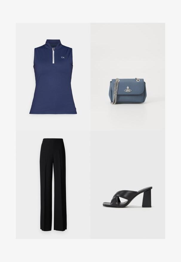 Tamsiai mėlyna rankovių neturinti palaidinė su stovinčiu apykakle, kurią puošia balta užtrauktukas ir CK logotipas. Pagaminta iš lygaus, tampraus audinio, kuris tinka prie kūno.; Juodi platūs kelnių kelnės su lygiu paviršiumi, turinčios aukštą liemenį ir centrinės raukšlės. Nėra matomų raštų ar metalinių detalių.; MAX&Co. SOHO - Aukštakulniai sandalai - schwarz; Mėlynas tekstūruotas dirbtinės odos rankinukas su sidabriniu grandinės dirželiu ir logotipo akcentu priekyje. Uždarymas sagtimi su užlenkimo dizainu.