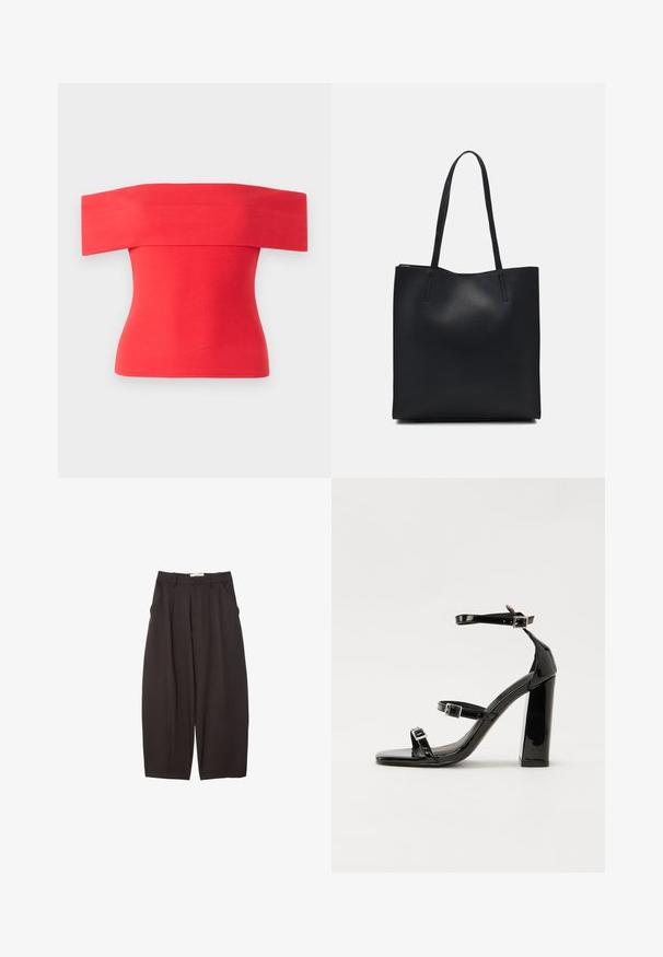 Červený top s odhalenými rameny, přiléhavý střih, hladká textura, krátké rukávy a široký výstřih. Ideální na nošení v teplém počasí.; Černé široké kalhoty vyrobené z hladkého materiálu, s vysokým pasem, předními sklady a bočními kapsami. Jednoduchý design bez ozdob.; Černé lakované sandály na podpatku se čtveratou špičkou, lýtkovými pásky a stříbrnými přezkami. Disponují masivním blokovým podpatkem pro stabilitu.; Černá kožená taška přes rameno s hladkým povrchem, obdélníkovým tvarem a dvěma dlouhými uchy. Žádné viditelné kování ani ozdoby.