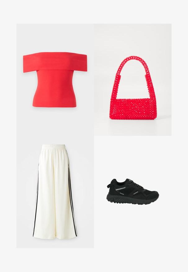 Czerwony, prążkowany top na ramiączkach, dopasowany krój, gładka tekstura, krótkie rękawy i szeroki dekolt. Idealny na ciepłe dni.; Białe spodnie z szerokimi nogawkami, z elastycznym paskiem w talii i czarnymi pionowymi paskami wzdłuż zewnętrznych szwów.; Czarne, wodoodporne buty turystyczne z siateczkowymi panelami, teksturowaną podeszwą, okrągłym noskiem i odblaskowymi sznurowadłami. Posiadają logo oraz pętelkę na pięcie.; Czerwona torebka wykonana z plastikowych koralików, z kwadratową podstawą i zakrzywionym uchwytem. Powierzchnia ma teksturowane, błyszczące wykończenie z wzorem koralików.