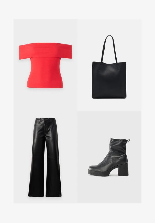 Off-the-shoulder red ribbed top, fitted design, smooth texture, short sleeves, and a wide neckline. Ideal for warm weather wear.; Black high-waist wide-leg faux leather pants with front button, zip closure, belt loops, and side pockets on white background.; Black ankle boots made of smooth leather, featuring a side zipper, chunky textured heel, and rounded toe design.; Black leather tote bag with smooth texture, rectangular shape, and two long handles. No visible hardware or embellishments.