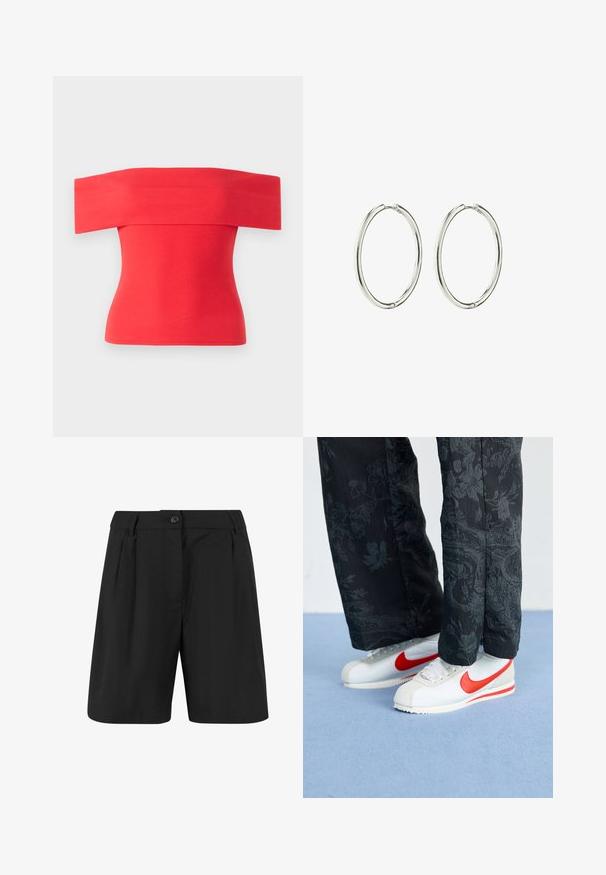 Õlavarrelt kukkuv punane ribatop, keha lähedane lõige, sile tekstuur, lühikesed varrukad ja lai dekoltee. Ideaalne soojade ilmade jaoks.; Mustad lühikesed püksid, millel on kohandatud disain, ees olevad voldid, lame esiosa ja ühekordne nupu sulgemine. Sile kangatekstuuri.; Valged Nike tennisjalanõud punaste akentidega, kombineeritud mustade püksidega, millel on lilleline muster. Tekstuur on sile ja tallal on lame punutis.; Hõbedased rõngaskõrvarõngad, millel on sile ja poleeritud viimistlus. Ümmargune kuju, kerge disain, millel on turvaline sulgemismehhanism.