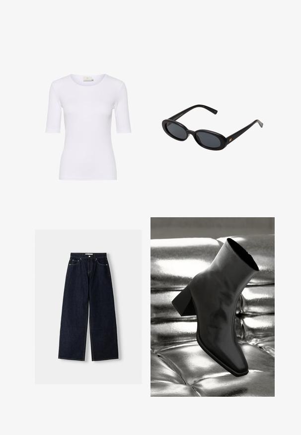 White fitted t-shirt made of smooth fabric, features a round neckline and short sleeves, with no visible patterns or accents.; Dark blue denim wide-leg jeans with a high waist, five pockets, contrast stitching, and silver metal hardware. Smooth texture and clean finish.; Black ankle boot made of glossy material with a square toe and tapered heel, set against a shiny silver tufted background.; Black oversized sunglasses with oval lenses, smooth plastic frame, and gold accents on temple. Dark lenses provide sun protection.