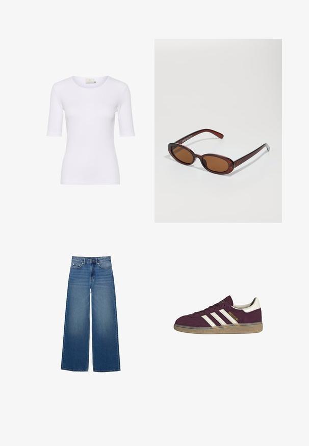 White fitted t-shirt made of smooth fabric, features a round neckline and short sleeves, with no visible patterns or accents.; Wide-leg blue jeans made of denim, featuring a high waist, stitched accents, and a simple design with a slight fade effect.; Maroon suede sneaker with white three stripes and beige accents. Features a textured rubber sole and gold branding on the side.; Round, brown-tinted sunglasses with a glossy burgundy frame. Slim arms with subtle branding detail. Flat lens design.; Brown woven leather handbag with a slouchy, triangular shape. Features a braided handle and a zipper closure along the top.
