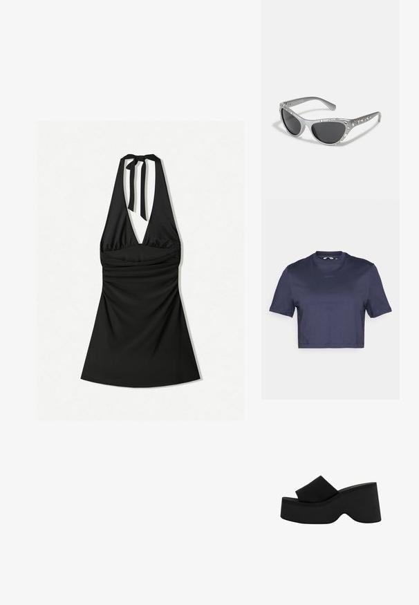 Námornícko modré skrátené tričko z hladkého materiálu s okrúhlym výstrihom a krátkymi rukávmi. Na prednej strane je jemne vytlačený text "BORG".; Čierne šaty na za krk s hlbokým výstrihom, zriadeným korzetom a zaväzovaním na krku. Tkanina je hladká a mierne lesklá.; Čierne platformové šľapky s hrubou, zaoblenou podrážkou a širokým pásikom. Hladký povrch, minimalistický dizajn a tvar prispôsobený pre stabilitu.; Strieborné slnečné okuliare v tvare mačacích očí s tmavými sklami, zdobené čírymi drahokamovými akcentmi pozdĺž rámu. Matný povrch s zakriveným dizajnom spánkov.; Beige pletená taška na rameno s zakriveným tvarom a čiernymi detailmi. Obsahuje horné zapínanie na zips a logo nášivku na prednej strane.