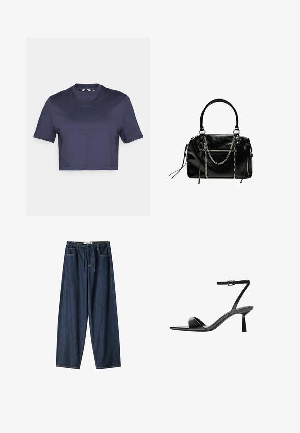 Navy-blaues, kurz geschnittenes T-Shirt aus glattem Stoff mit Rundhalsausschnitt und kurzen Ärmeln. Auf der Vorderseite ist der Schriftzug "BORG" dezent aufgedruckt.; Dunkelblaue Jeanshose mit weitem Bein. Merkmale sind ein elastischer Bund, ein Kordelzug und Fronttaschen. Glatte Textur mit sichtbaren Nähten.; Bershka High Heel Sandalette - black; Bershka WITH CHAIN - Handtasche - black