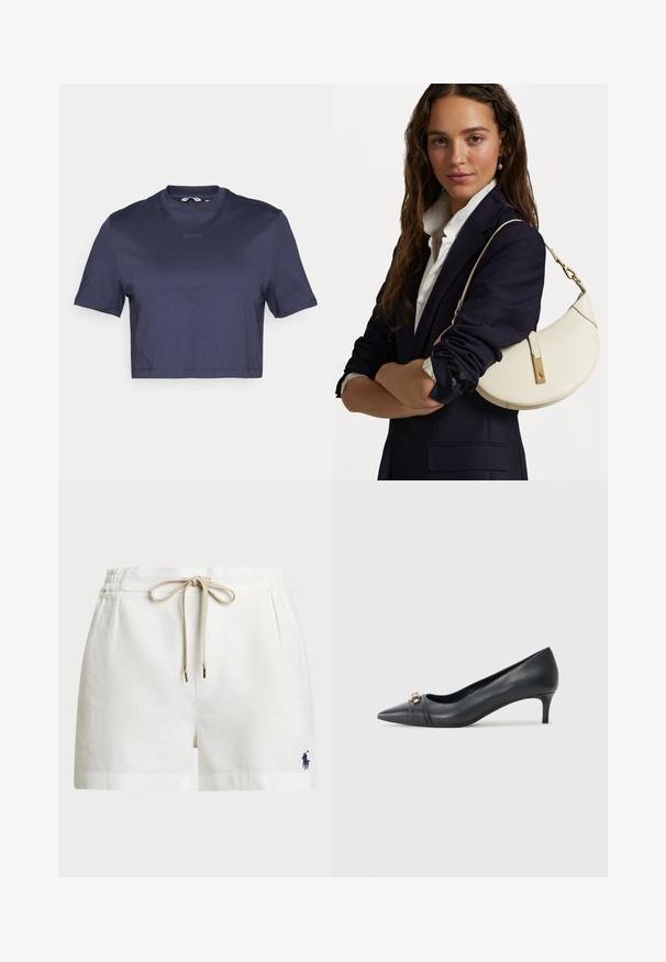 Tume sinine lühike T-särk, mis on valmistatud siledast kangast, ümar kaelus ja lühikesed varrukad. Esiküljel on peenelt trükitud tekst "BORG".; Valged linased lühikesed püksid elastse vöökoha, beeži nööriga ja väikese tumesinise logoga vasakul pool. Omab lõdvaist tüüpi lõiget ja küljetaskuid.; Kitsas otse musta nahast pump madala kontsaga, millel on tekstuuriga rihm ja metallist aksent ees. Sile pind ja stiilne disain.; Valge nahast käekott kumerate kujunditega, kuldsete detailide ja tekstuuriga viimistlusega, kanda tumesinise bleiseri ja valge särgiga.