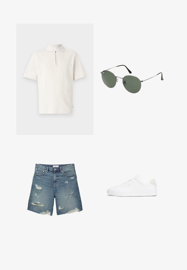Polo à manches courtes en blanc cassé, avec un col zippé. Fabriqué en tissu doux, avec un design épuré et minimal sans motifs visibles.; Shorts en denim bleu clair avec des patchs déchirés. Ils possèdent une taille standard, une longueur approximative jusqu'au genou, et des bords effilochés.; Baskets blanches avec une tige en cuir lisse, bout arrondi, semelle plate et design minimaliste. Présente un branding discret et un accent beige au talon.; Lunettes de soleil en métal avec des verres ovales verts. Monture en métal argenté mince et embouts d'oreille noirs. Design minimaliste, sans logos visibles.