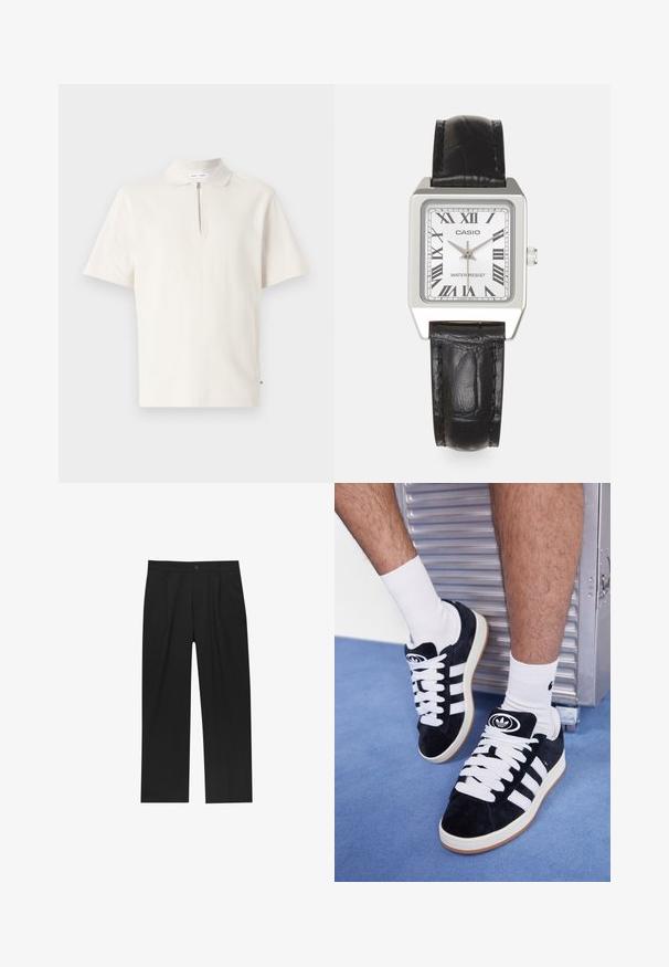 Kortärmad pikétröja i off-white med dragkedja i halsen. Tillverkad av mjukt tyg, med en ren, minimalistisk design utan synliga mönster.; Svarta byxor med rak ben-design, tillverkade av ett jämnt tyg. Har framfickor och en enkel knapplåsning i midjan.; Svarta mockaskor med vita snören och tre vita ränder. Har en rund svart logotyp på tungan och en gumminnedgummisula.; Silverfärgad fyrkantig klocka med vit urtavla, svarta romerska siffror och texten "VATTENRESIST". Svart läderarmband med strukturerad yta.