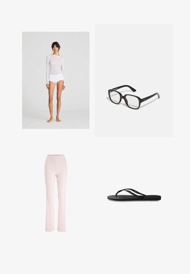 Fehér, hosszú ujjú felső, texturált, gyémántmintával, fehér rövidnadrággal párosítva; mindkét ruhadarab testhez simuló és puha anyagból készült.; Pale pink, lágy, rugalmas anyagból készült, bokánál szélesedő nadrág, magas derékkal és látható minták vagy fém részek nélkül.; Fekete papucs texturált gumitalppal, két vékony pánttal és finom, domború logóval a pánton.; Fekete, téglalap alakú szemüveg, tiszta lencsékkel, lekerekített élekkel és oldalsó díszítésekkel, fényes kerettel és szárakkal.; Fekete bőr hobo táska laza fazonban, széles vállpánttal és sima felülettel. Oldalán egy zipzáras záródással rendelkezik.