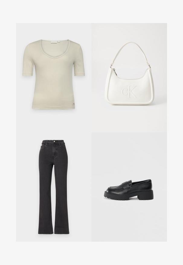 Calvin Klein Jeans V NECK TEE - Basic T-shirt - pelican; Black high-waisted flared jeans made of denim, featuring a button closure, belt loops, and side pockets. Smooth texture with minimal fading.; Black leather loafers with a textured finish, featuring a rectangular strap across the vamp and a chunky, lug sole design.; White leather handbag with a curved shape, featuring an embossed "CK" logo on the front and a single shoulder strap. Zipper closure at top.