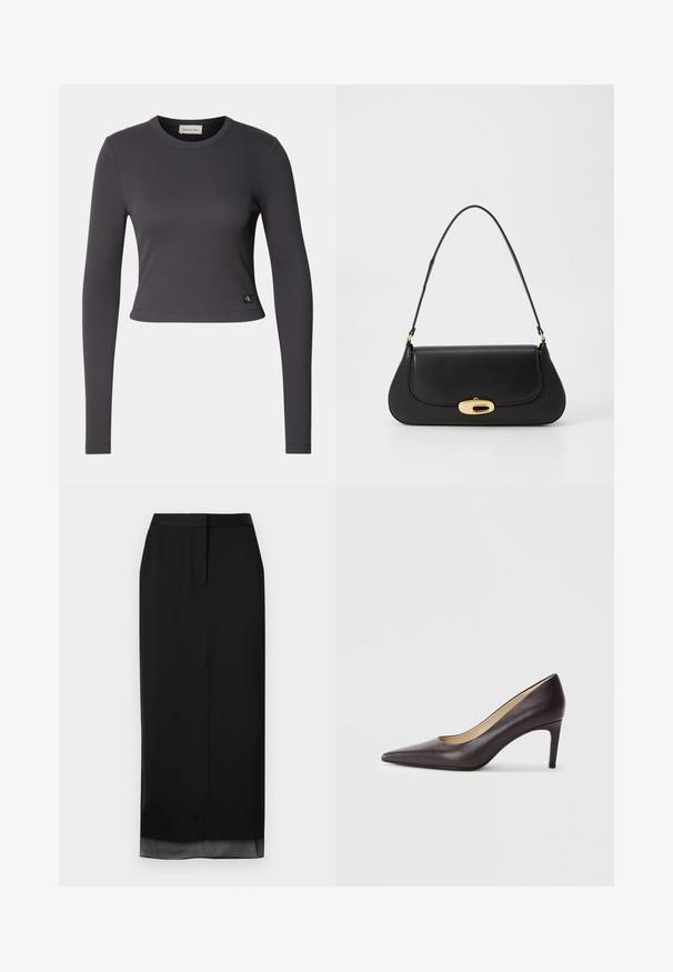 Dlhý rukáv, skrátený top v tmavošedej ryhovej látke s okrúhlym výstrihom a malou nášivkou s logom na spodnom okraji. Hladká textura, priliehavý strih.; Čierna dlhá sukňa vyrobená z hladkej tkaniny. Má rovný strih s jemným priesvitným lemom, upraveným pásom a detailom rozparku na zadnej strane.; Čierne kožené lodičky na vysokom opätku s špicatou špičkou, hladkou textúrou a štíhlym stiletto opätkom. Interiér je s béžovým podšívkou.; Čierna kožená kabelka s prehnutým dizajnom, zlatými kovovými detailmi a horným uchom. Má elegantné zatvorenie a hladký povrch.