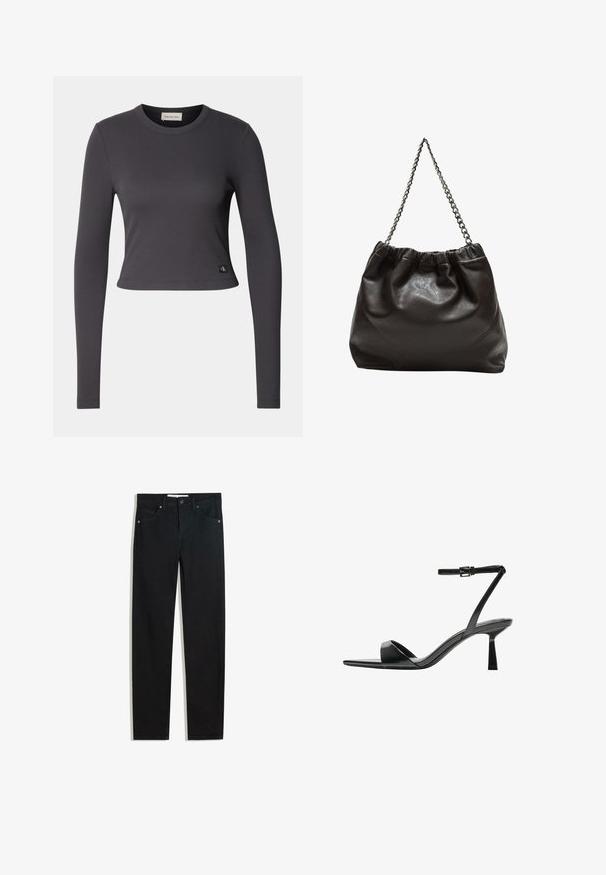 Dlouhý rukáv, zkrácený top v tmavě šedé ribované tkanině s kulatým výstřihem a malou nášivkou s logem na lemu. Hladká textura, přiléhavý střih.; Černé džínové kalhoty se střihem rovného nohavice, pěti kapsami, kovovým zapínáním a jemnými prošitými detaily. Hladká textura.; Bershka Sandály na vysokém podpatku - black; Hnědá kožená taška se sbíraným vrškem a řetízkovým popruhem. Hladký povrch s lesklým finišem a jemným švem na bocích.