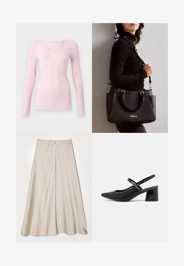 Różowa, prążkowana bluzka z długim rękawem, z dekoltem w kształcie litery V i falbaną koronkową. Miękka w dotyku, dopasowana sylwetka i prosty dół.; Beżowa, satynowa spódnica o rozkloszowanym kroju. Posiada marszczony pas i subtelny połysk, z ukośnymi szwami i swobodnym układem.; Czarne lakierowane czółenka na słupku ze spiczastym noskiem, lekko zaokrąglonym wycięciem i obcasem w kształcie bloku. Posiadają złotą klamrę jako akcent dekoracyjny.; Czarna torebka z teksturowanej powierzchni, podwójnymi uchwytami na górze i regulowanym paskiem na ramię. Posiada złote okucia i boczne kieszenie.