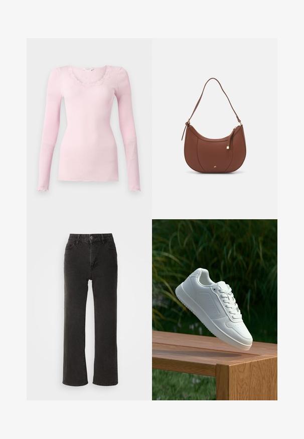 Top lungo a maniche lunghe rosa a coste con scollatura a V e bordino in pizzo ondulato. Texture morbida, forma aderente e orlo dritto.; Jeans neri a gamba larga in denim, caratterizzati da una chiusura frontale con bottone, passanti per cintura e cinque tasche, con una texture leggermente sbiadita.; Sneaker bianco con tomaia in sintetico liscio, punta perforata, lacci piatti e suola testurizzata, esposto su una superficie di legno.; Borsa a spalla in finta pelle marrone con forma curvata, cuciture minime e un accento in metallo dorato. Presenta una chiusura con zip superiore e una tracolla regolabile.