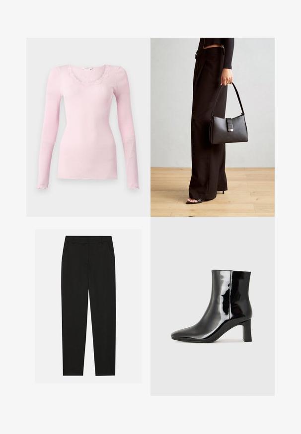 Pink ribbed long-sleeve top with a V-neck and scalloped lace trim. Soft texture, fitted shape, and straight hem.; Black trousers with a tailored design, featuring side pockets and a straight leg. Made from smooth, lightweight fabric with a sleek finish.; Black patent leather ankle boot with a pointed toe and a mid-height block heel. Smooth texture and minimalist design.; Black handbag with structured shape, smooth texture, and a metallic clasp. Paired with wide black pants and open-toe sandals on wooden floor.