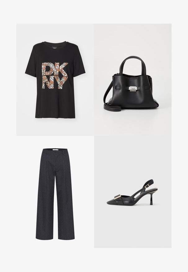 Juodas medvilninis marškinėlis, pristatantis leopardų rašto "DKNY" logotipą rudų ir baltų atspalvių, apvalia iškirpte ir trumpomis rankovėmis.; Tamsiai mėlynos plačios kojos kelnės su plonomis baltomis juostelėmis. Turi prisitaikantį liemenį ir lygią tekstūrą, suteikiančią išpjaustytą išvaizdą.; Juodas odinis batelis su atviru kulnu, smailiu pirštu, liekna kulniuku ir auksinės spalvos detalėmis ant batus. Lygus paviršius ir struktūrizuotas dizainas.; Juodas odinis rankinės su tekstūruota apdaila, turintis dvi viršutinės rankenos, nuimamą peties diržą ir sidabrinį užsegimą.
