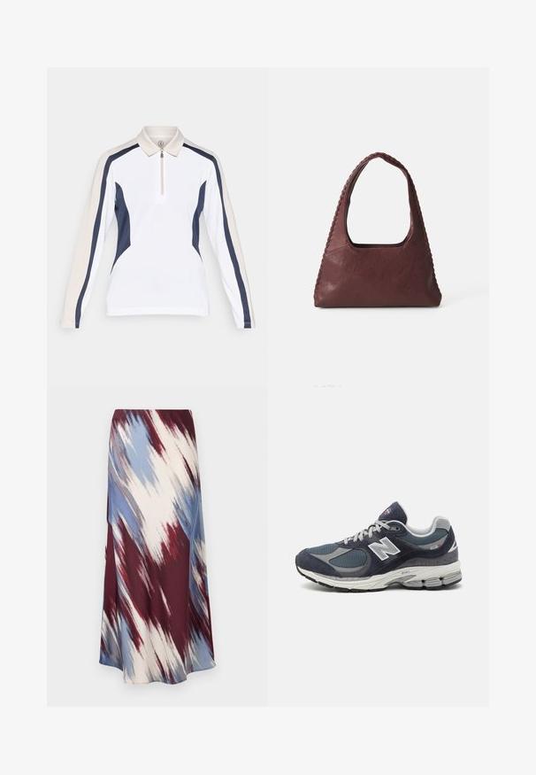 Camisa polo de manga longa com corpo branco, detalhes laterais em azul-marinho e ombros em bege claro. Possui um colarinho com fecho éclair para um ajuste personalizado.; Saia longa com um padrão de tie-dye diagonal em vermelho-burgundy, azul e creme, feita de um tecido macio, com uma silhueta fluida e um leve brilho.; Sapatilhas New Balance com parte superior em malha e camurça azul-marinho, detalhes cinza, logótipo branco, sola almofadada e pormenores texturizados.; Mala de mão em couro bordeaux com formato triangular, topo aberto e detalhe trançado ao longo da alça. Textura lisa com acabamento mate.
