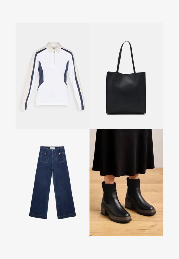 Långärmad polo med vit kropp, marinblå sidodetaljer och ljusbeige axlar. Har en dragkedja vid kragen för justerbar passform.; Mörkblå vida jeans i denim, med två frontfickor med dekorativa knappar och rak fåll.; Svarta läderankelstövlar med ribbade tygmanschetter, kraftig brun klack och texturerad sula. Slät yta med elastiska sidopaneler.; Svart lädertoffelväska med slät textur, rektangulär form och två långa handtag. Ingen synlig hårdvara eller dekorationer.