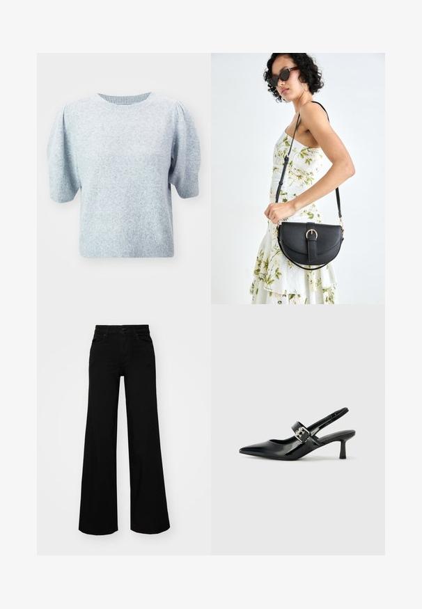 ONLY ONLRICA LIFE - T-shirt imprimé - light grey; Pantalons large en denim noir, dotés d'une taille structurée, de passants de ceinture et de poches avant. Texture lisse avec un design classique.; Escarpins slingback en cuir verni noir avec un bout pointu et un petit talon bloc, mettant en avant un accent en boucle argentée sur la sangle.; Sac à main en cuir noir avec une forme courbée, bandoulière amovible et des accessoires en or. Le sac est doté d'un rabat avec un détail de boucle.