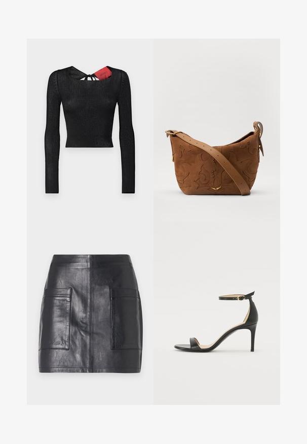 Top nero a maniche lunghe e cropped con texture a coste. Presenta un colletto rotondo e un dettaglio con lacci sul retro, con un'etichetta rossa visibile.; Gonna mini in pelle nera con due tasche laterali, texture liscia, design aderente e linee pulite senza ulteriori decorazioni.; Sandal in pelle nera con tacco alto e cinturino alla caviglia. Caratteristiche: texture liscia, punta aperta e tacco sottile. Dettaglio con fibbia tono oro.; Borsa a spalla in suede marrone con design floreale impresso, completata da una morbida tracolla in pelle marrone e dettagli in metallo dorato.