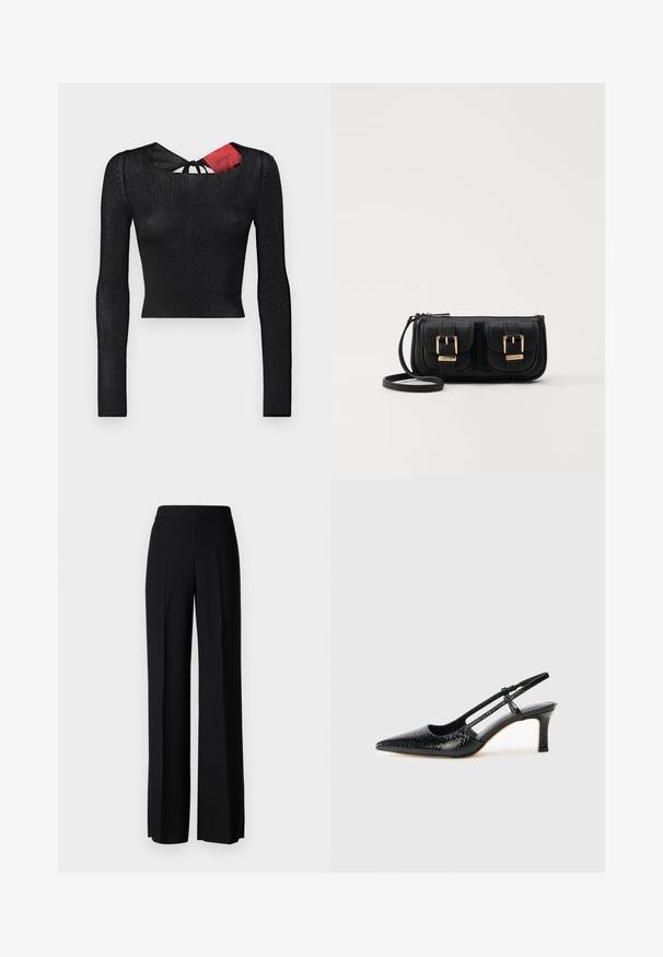 Schwarzes, langärmliges, kurzes Oberteil mit gerippter Textur. Verfügt über einen runden Halsausschnitt und ein Bindeband am Rücken, wobei ein rotes Etikett sichtbar ist.; Schwarze weite Hosen mit einer glatten Textur, ausgestattet mit einem hohen Bund und mittleren Falten. Keine sichtbaren Muster oder Hardware-Details.; Schwarze Lack-Slingback-Pumps mit spitzem Zehenbereich, versehen mit strukturiertem Schlangenprint, verstellbarem Riemen und einem kurzen, strukturierten Blockabsatz.; Schwarze Leder-Umhängetasche mit zwei vorderen Taschen, goldenen Schnallen, Reißverschluss und einem schmalen Tragegurt. Texturierte Oberfläche und kompakte rechteckige Form.