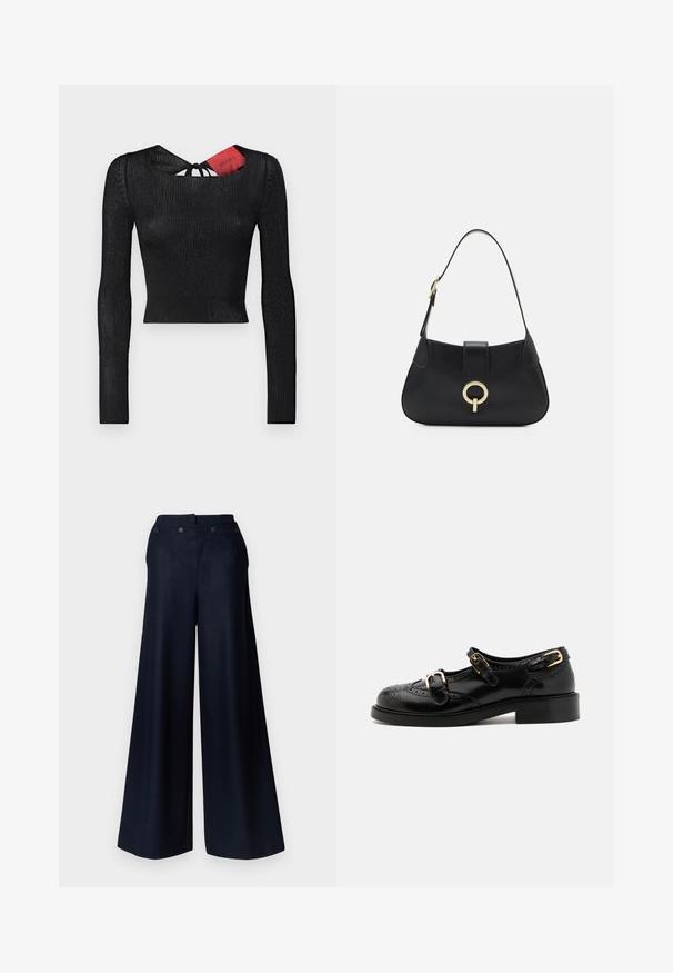 Fekete, hosszú ujjú, rövidített felső bordás textúrával. Kerek nyakkivágással és hátul megkötős részlettel rendelkezik, amelyen piros címke látható.; Sötét tengerészkék anyagból készült, bőszárú nadrág, magas derékkal, két elülső zsebbel és struktúrált gombos záródással, amely testre szabott illeszkedést biztosít.; Fekete bőrcipők brogue díszítéssel, két csattal, lekerekített orral és alacsony sarokkal. Simább felület fényes kivitelben.; Fekete bőr kézitáska ívelt sziluettel, rövid pánttal, középen aranyszínű hardware-rel és sima textúrával. Nincsenek látható minták vagy kiegészítők.