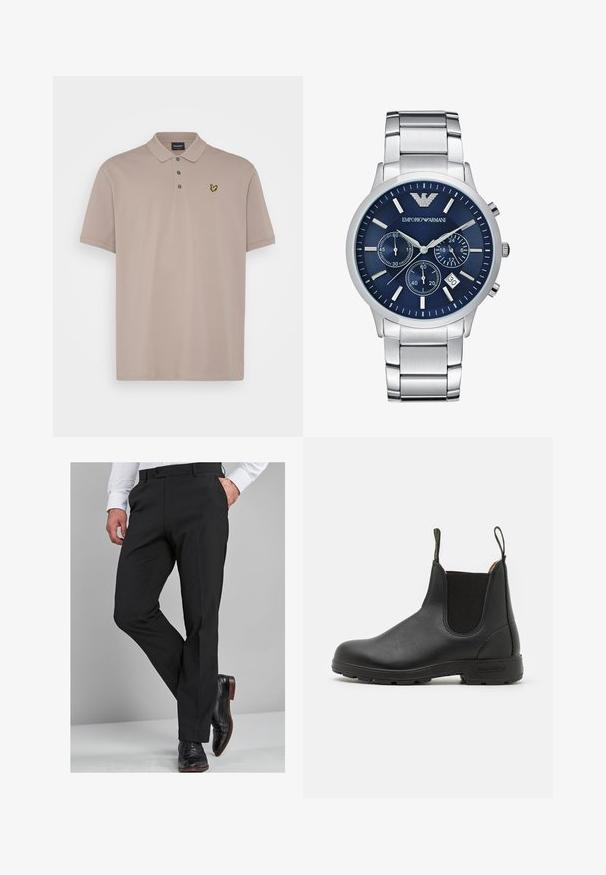 Lyle & Scott - Koszulka polo; Czarne spodnie wizytowe o dopasowanym kroju, z gładką teksturą, prostymi nogawkami i pętelkami na pasek, w zestawie z wypolerowanymi czarnymi butami wizytowymi.; Czarne skórzane botki Chelsea z elastycznymi bokami, pętelką do zakładania, wytrzymałą gumową podeszwą i widocznymi szwami. Gładka tekstura na całej powierzchni.; Emporio Armani Zegarek chronograficzny