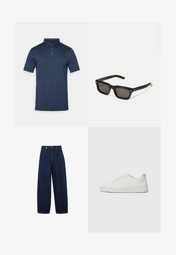Marineblauwe poloshirt in katoenmix met korte mouwen, knoopsluiting en een herhalend lichtblauw bloemmotief over het hele shirt. Heeft een klein logo.; Losse, donkerblauwe denim jeans met een hoge taille, frontzakken en een recht model. Inclusief zilverkleurige hardware en minimale stiksels.; Witte leren sneaker met een gladde afwerking, ronde neus, platte veters en een gestructureerde zool. Kenmerkt zich door een subtiel logo op de hiel.; Zwarte rechthoekige zonnebril met donkere lenzen, een dik plastic montuur, gouden accenten op de veren en het merkembleem gegraveerd op de arm.