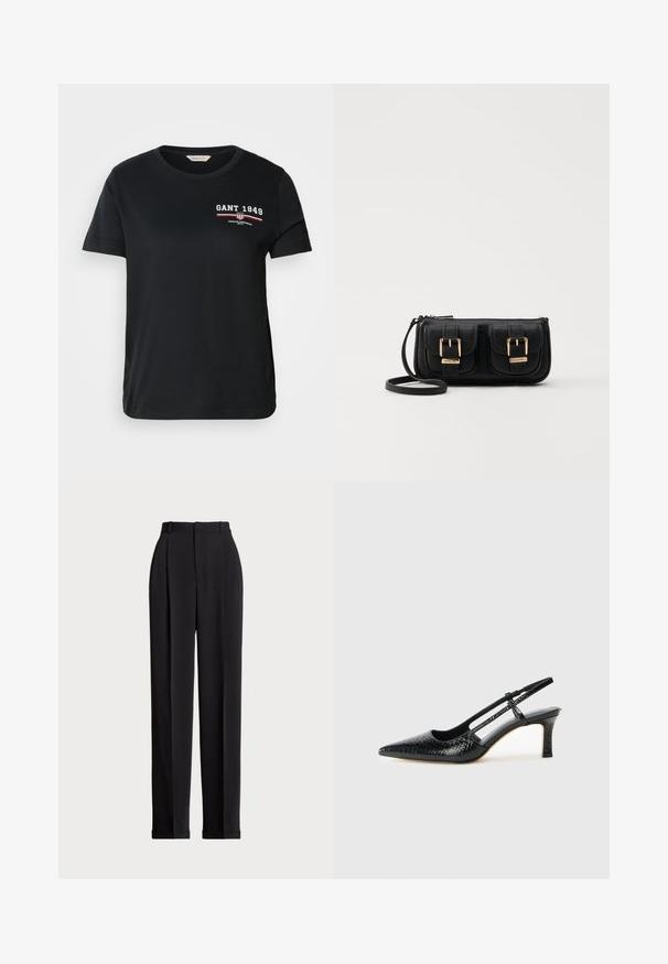 Sort bomulds T-shirt med rund hals, korte ærmer, der har et hvidt og rødt "GANT 1949" logo og tekst på venstre bryst.; Sorte skrædderbukser med høj talje, der har folder fortil, en lige benlængde og ombukket kant. Lavet af glat stof.; Sorte patent slingback hæl med spids tå, prydet med tekstureret slangeskindsmønster, justerbar rem og en kort, tekstureret blokhæl.; Sort læder crossbody taske med to frontlommer, guldspænder, lynlåslukning og en slank rem. Struktureret overflade og kompakt rektangulær form.