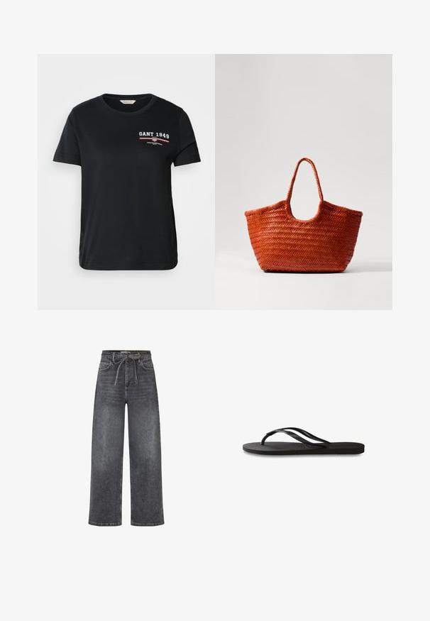 Black cotton t-shirt with a crew neck, short sleeves, featuring white and red “GANT 1949” logo and text on the left chest.; High-waisted wide-leg black denim jeans with front pockets and a fabric belt tied in a bow at the waist.; Black flip-flop featuring a textured rubber sole, two slender straps, and a subtle, embossed logo detail on the strap.; DRAGON DIFFUSION NANTUCKET BASKET BIG - Handbag - naranja