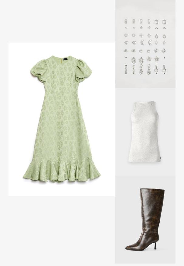 Replay Top - super light grey; Vestido verde claro con mangas abullonadas, tejido de flores y dobladillo con volantes acampanado. Presenta un cierre de cremallera en la parte posterior.; Bota de cuero marrón desgastada, hasta la rodilla, con puntera afilada y tacón fino tipo stiletto sobre un fondo blanco.; Bolsa de tela negra con patrón floral rosa, de forma redonda, con dos asas y un lazo atado en la parte superior. Textura suave con un forro a contraste.; Juego de pendientes de plata con diversos diseños: pendientes de botón, aros y estilos colgantes con adornos brillantes en formas geométricas y temáticas.