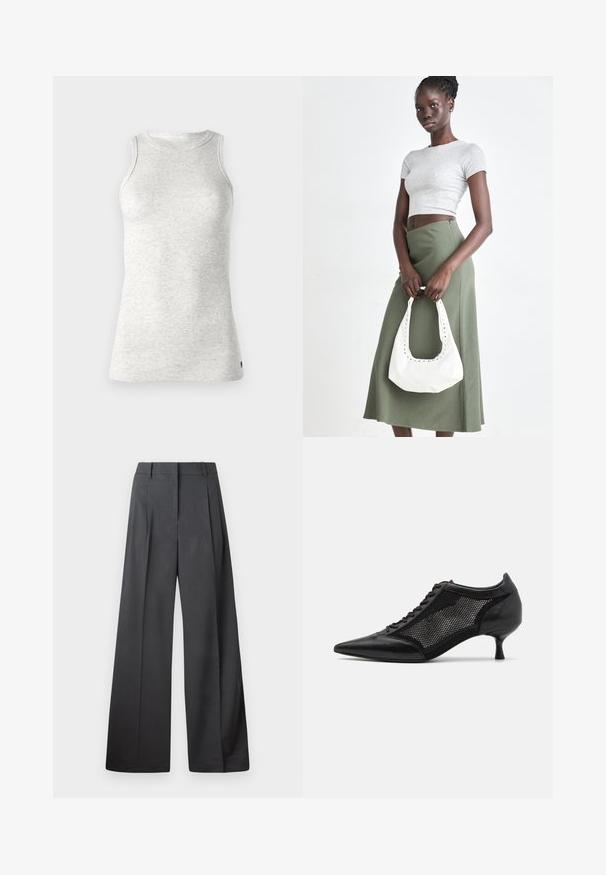 Replay Top - super light grey; Top senza maniche in denim blu scuro con spalline larghe, chiusura frontale con bottoni, vita aderente e leggero orlo a peplo, etichettato GAP.; Pantaloni a gamba larga in tessuto grigio scuro, con vita alta, pieghe singole e una texture liscia con una finitura pulita sui orli.; Scarpa nera a punta con un design a pannello di rete, dotata di un tacco basso e lacci frontali. Realizzata in una combinazione di pelle e materiale a rete.; Top crop a coste grigio e gonna a vita alta verde oliva. Il modello tiene una borsa a spalla bianca con dettagli intagliati. Design semplice, silhouette aderente.