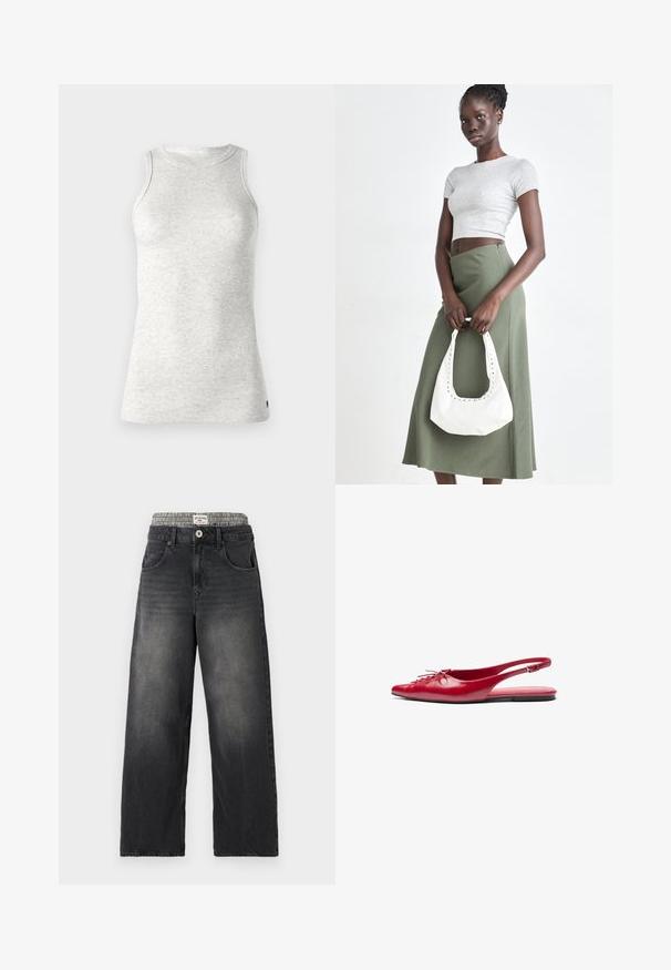 Replay Top - super light grey; Čierne džínsy voľného strihu s pásom s houndstooth vzorom. Obsahujú predné vrecká a zapínanie na gombík. Zničená textúra.; Červené kožené slingback ploché topánky s š piatym prstom a dekoračným šnurovaním vpredu, s úzkym členkovým pásom a plochou podrážkou.; Sivý pruhovaný crop top a olivovo zelená sukňa s vysokým pásom. Model drží bielu ramennú tašku s vyrezávanými detailmi. Jednoduchý dizajn, priliehavý strih.