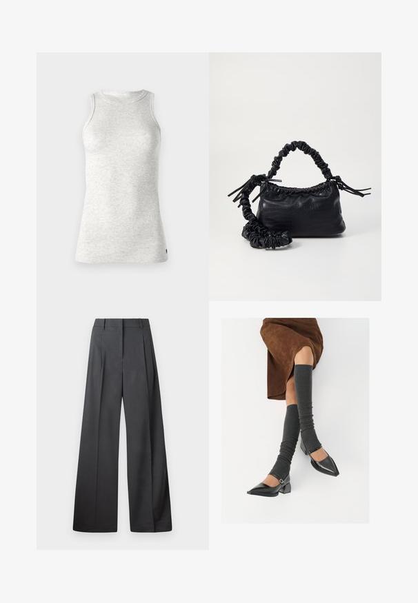 Replay Viršus - super light grey; Tamsiai pilkos plačios kojos kelnės, turinčios aukštą liemenį, vieną raukšlę ir sklandžią tekstūrą su tvarkingais kraštais.; Juodi lakuoti odiniai batai su aštriu kuma ir bloko kulnu, derinami su pilkais riebiais kojų šildytuvais ir rudais zomšiniais sijonais.; Juodas dirbtinės odos rankinė su krokodilo tekstūra, sušnibždinta viršuje ir susikraipytu dirželiu. Atrodo minkšta ir kompaktiška.