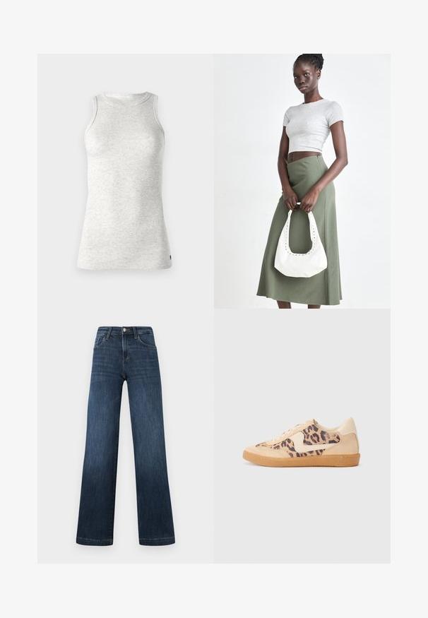 Replay Top - super light grey; Dark blue denim jeans with a wide-leg design, featuring five pockets and a front button closure. Smooth texture and classic stitching details.; Leopard print sneakers with beige suede upper, tan rubber sole, and white accents. Round toe and lace-up design with a textured finish.; Gray ribbed crop top and olive green high-waisted skirt. Model holds a white shoulder bag with cut-out detailing. Simple design, fitted silhouette.