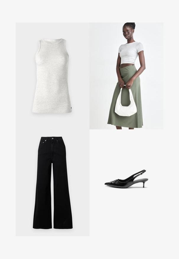 Replay Top - super light grey; Jeans neri a gamba larga realizzati in denim, con vita alta, cinque tasche, chiusura frontale con bottoni e dettagli di cuciture minimaliste.; Tacchi slingback in pelle nera con punta affusolata, piccolo tacco kitten e un dettaglio a nodo decorativo sulla parte anteriore. Texture liscia su tutta la superficie.; Top crop a coste grigio e gonna a vita alta verde oliva. Il modello tiene una borsa a spalla bianca con dettagli intagliati. Design semplice, silhouette aderente.