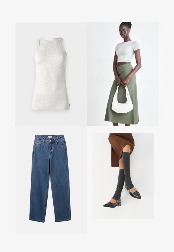 Replay Top - super light grey; Klassieke blauwe denim jeans met een rechte pijp, vijf zakken en een knoopsluiting. Heeft een middelgrote wasbeurt en stevige textuur.; Zwarte gepatineerde leren pumps met een puntige neus, een blokhak en een enkelbandje, gecombineerd met grijze geribde beenwarmers en een bruine suède rok.; Grijs geribbelde crop top en olijfgroene hoge taille rok. Model houdt een witte schoudertas met uitsparingen vast. Eenvoudig ontwerp, aansluitende silhouet.