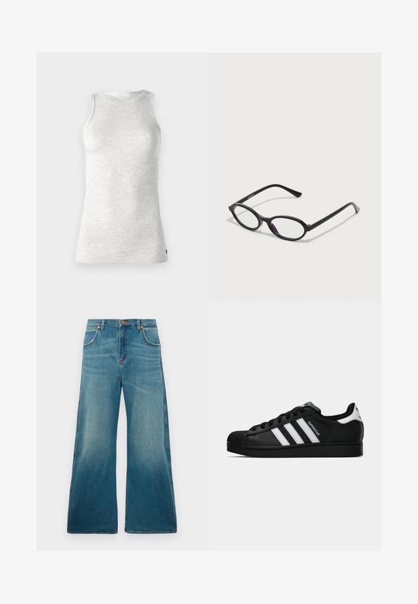 Replay Top - super light grey; Højtaljede blå denimjeans med brede ben, frontlommer, knaplukning og en falmet farvegradient fra talje til kant.; Sort Adidas Superstar sneaker med hvide striber, skaletå og "Superstar"-tekst på siden, vist i sideprofil på hvid baggrund.; Sorte ovale briller med gennemskinnelige lilla accenter på linserne. Rammen har en mat finish og slanke, lige stænger.