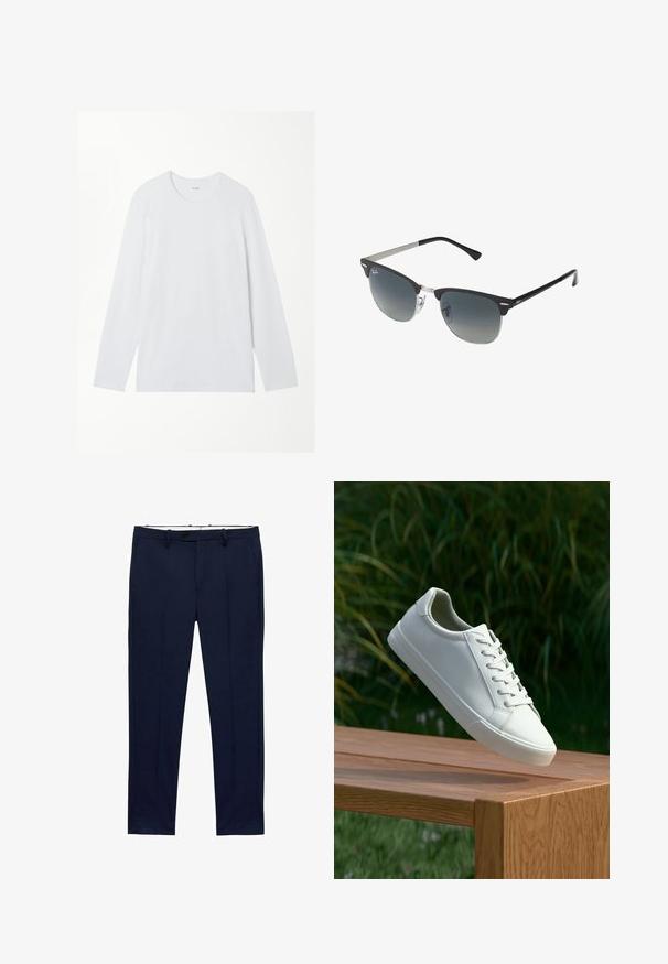 Camisa de cuello redondo de manga larga blanca, presentada plana sobre un fondo blanco.; Pantalones azul marino de corte slim con patrón de rayas. Con cremallera, presillas para cinturón y bolsillos frontales. Textura de tela suave.; Zapatilla blanca con cordones flotando sobre un banco de madera con follaje verde al fondo, mostrando el diseño y la textura del zapato.; Gafas de sol negras y plateadas con forma de ojo de gato, lentes degradados y acentos metálicos en la montura. Patillas de plástico con puntas grises.