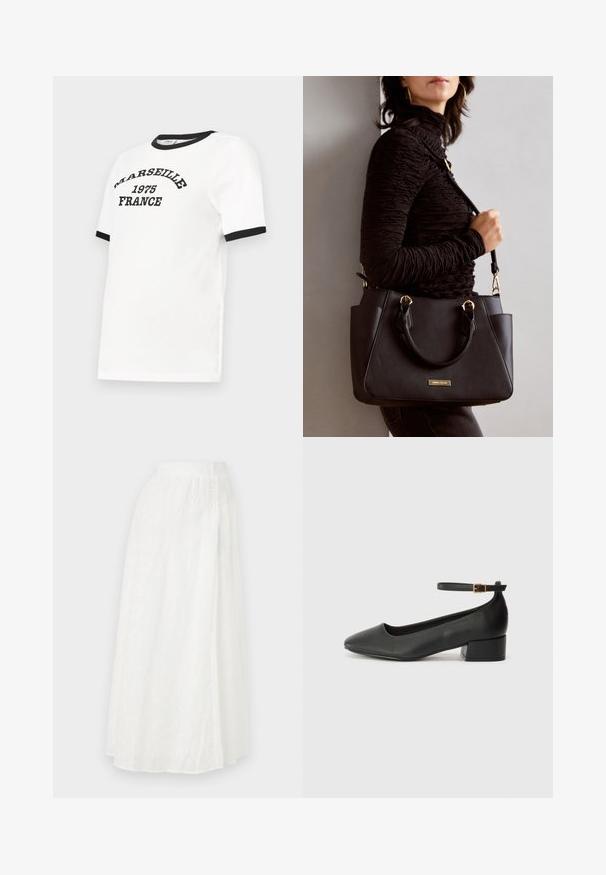 Camiseta branca com gola e mangas em preto, apresentando o texto "MARSEILLE 1975 FRANCE" numa fonte curva preta.; Saia maxi branca com cintura elástica, apresentando um padrão floral texturizado e recortes com efeito renda em todo o tecido.; Sandal de pele preta com bico pontiagudo e um salto bloco baixo. Apresenta uma tira no tornozelo com uma fivela em tom dourado. Textura suave.; Bolsa preta com superfície texturizada, alças superiores duplas e alça de ombro ajustável. Apresenta ferragens em tom dourado e bolsos laterais.