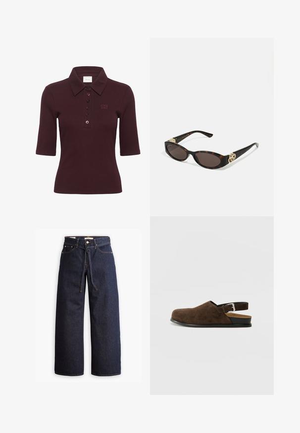 Gestuz DREW - Pólóing - aronia; Széles lábú, sötétkék farmernadrág magas derékkal, húzózsinórral, öt zsebbel és kontrasztos varrással.; Barna szarvasbőr slip-on cipő alacsony sarokkal, állítható pánttal ezüst csattal és fekete gumitalppal.; Tortából készült napszemüveg, hosszúkás ovális lencsékkel, barna színű árnyalattal, arany logóval a fülkagylón, és karcsú fekete szárakkal.