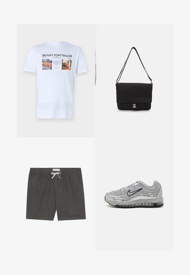 Bela bombažna majica s kratkimi rokavi, ki vsebuje tri grafične odtise, črn besedilo in logotipe "Denim Tom Tailor." Oblikovana je s krožnim izrezom.; Sive kopalke iz mehkega materiala, z elastičnim pasom in belim vrvico, z obrobljenimi detajli in stranskimi žepi.; Sive Nike Air Max športni copati z mrežastim in sintetičnim zgornjim delom, valovitim dizajnom, črnimi detajli in vidno enoto za zračno blazinjenje.; Črna torba za sporočila iz gladkega materiala, z zložljivim pokrovom, srebrno sponko in nastavljivim naramnim trakom.