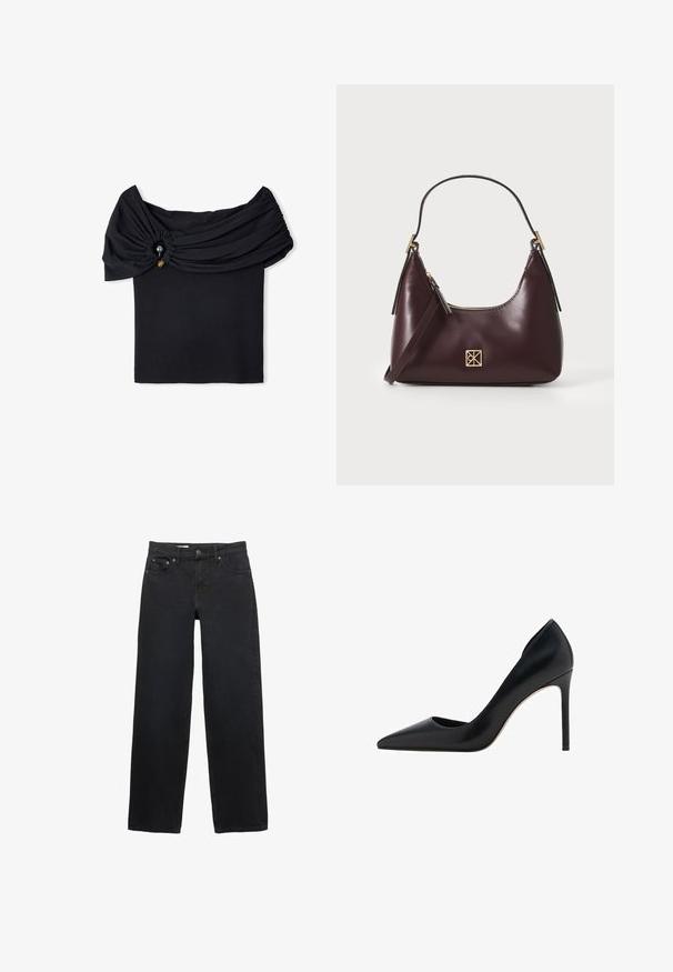Czarny top typu off-the-shoulder z teksturowanym materiałem, zebrana sekcja i dekoracyjny detal w postaci guzika. Gładki, dopasowany krój.; Czarne szerokie dżinsy wykonane z denimu, z pięcioma kieszeniami, zapięciem na guzik, subtelnym przeszyciem oraz prostym krojem od talii do dołu.; Mango - Szpilki; Burgundowa skórzana torebka o zaokrąglonym kształcie, z złotymi akcentami na elementach metalowych oraz zamknięciem na zamek błyskawiczny. Posiada odpinany pasek na ramię.