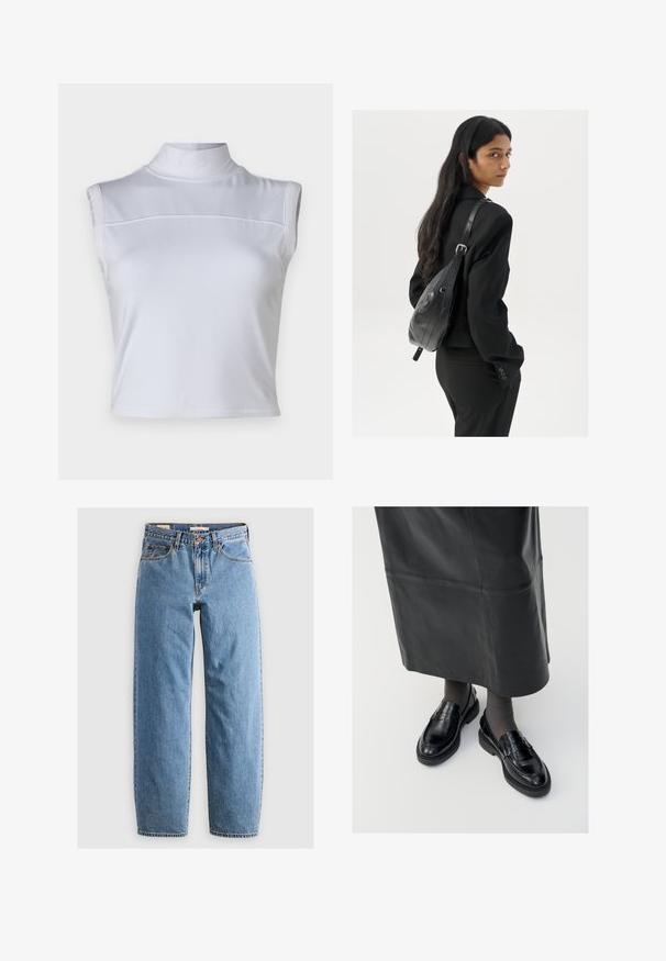 White sleeveless top with a high neck, smooth texture, and a cropped design. Features a horizontal seam across the chest.; Light blue denim jeans with a straight leg design, five pockets, a zipper fly, and a subtle faded texture. Classic styling with minimal hardware.; Black leather loafers with a smooth finish, featuring a decorative strap, round toe, and textured sole. Worn with a long black leather skirt.; Woman with long dark hair wearing a black suit, carrying a black leather shoulder bag, looking over her shoulder against a white background.