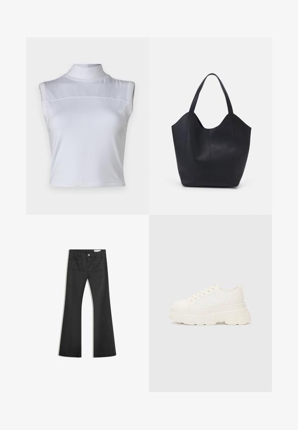 Fehér, ujjatlan felső magas nyakkal, sima textúrával és rövidített szabással. A mellkas körül horizontális varrás található.; Fekete, sima textúrájú farmer flare nadrág, két hátsó zsebbel és gombos derékkal.; Fehér vászon sportcipő vastag talppal, lekerekített orral és öt fűzőlyukkal. Hátulján egy fül a könnyű felvétel érdekében. Simára kidolgozott textúra, minimális dizájn.; Fekete tote táska sima bőrből, ívelt, nyitott tetővel és két vállpánttal, minimális dizájnnal.