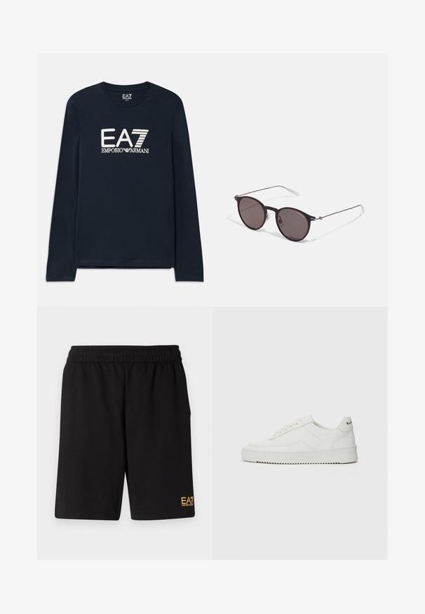 Tamsiai mėlyna medvilninė marškinėlių su ilgomis rankovėmis, apykaklė yra apvali. Priekyje yra balta EA7 Emporio Armani logotipas. Tiesus apdailos kraštas, be puošybos.; Juoda sportinė šortai, pagaminti iš minkštos medžiagos, su elastingu diržu ir maža geltona EA7 logo apatinėje kairėje kojoje.; Balti odiniai sportiniai bateliai su lygia apdaila, apvaliu pirštu, plokščiais raišteliais ir tekstūruotu padu. Pasižymi subtiliu logotipu ant kulno.; Juodos apvalios saulės akinių su tamsiais lęšiais ir plonomis metalinėmis šakomis. Įtraukti skaidrūs šventyklų galai ir sidabriniai akcentai vyrio srityje. Minimalistinis dizainas.