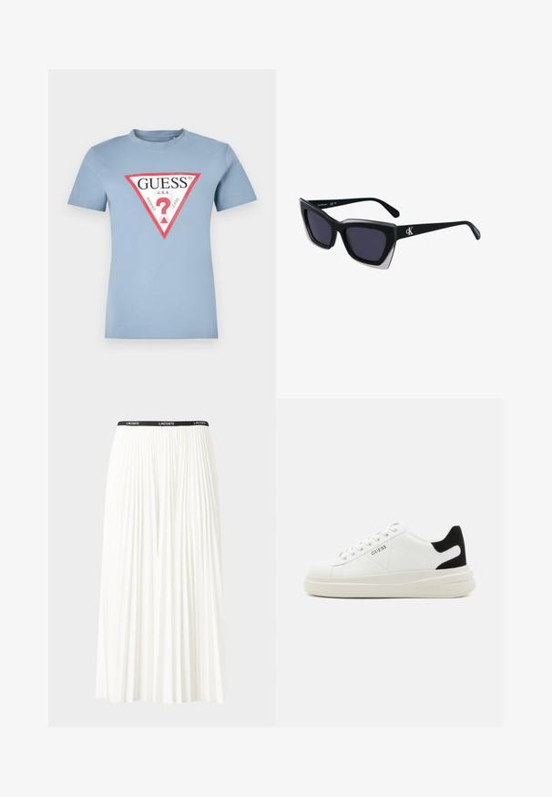 Gaiši zils kokvilnas T-krekls ar īsām piedurknēm un apaļu kakla izgriezumu. Uz tīkla ir trīsstūra grafika sarkanā un melnā krāsā ar tekstu "GUESS U.S.A" un jautājuma zīmi.; Gari plānas baltas svārku ar melnu elastīgu jostu, uz kuras redzams "LACOSTE" logo. Vidēja garuma dizains ar mīkstu tekstūru.; Baltas ādas sporta apavi ar biezu balto zoli, melna zamša uzpura un izspiestais logotips sānos. Šņorējuma dizains ar sešiem acu caurumiem.; Melni pārmēru saulesbrilles ar ģeometrisku formu, kas aprīkotas ar tumšiem stikliem un kontrastējošu pelēku akcentu uz rāmja. Logo uz kājas.