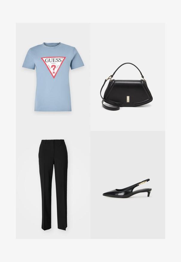 Lyseblå bomulds T-shirt med korte ærmer og rund hals. Har en triangulær grafik i rød og sort med teksten "GUESS U.S.A" og et spørgsmålstegn.; Sorte skræddersyede bukser med lige ben-design, der har en glat tekstur og skarpe folder langs fronten. Ingen synlige hardware.; Sorte læder slingback hæle med spids tå, der har en slank hæl og en guldfarvet detalje på den justerbare rem. Glat tekstur.; Sort læderhåndtaske med en struktureret design, der har en kortet form, tophåndtag og guld hardware-accenter. Justerbar skulderrem inkluderet.